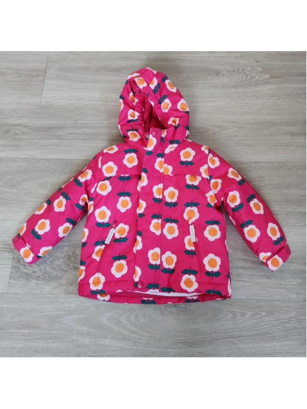 Cat & Jack pink puffer jacket with white & orange floral print and green leaves